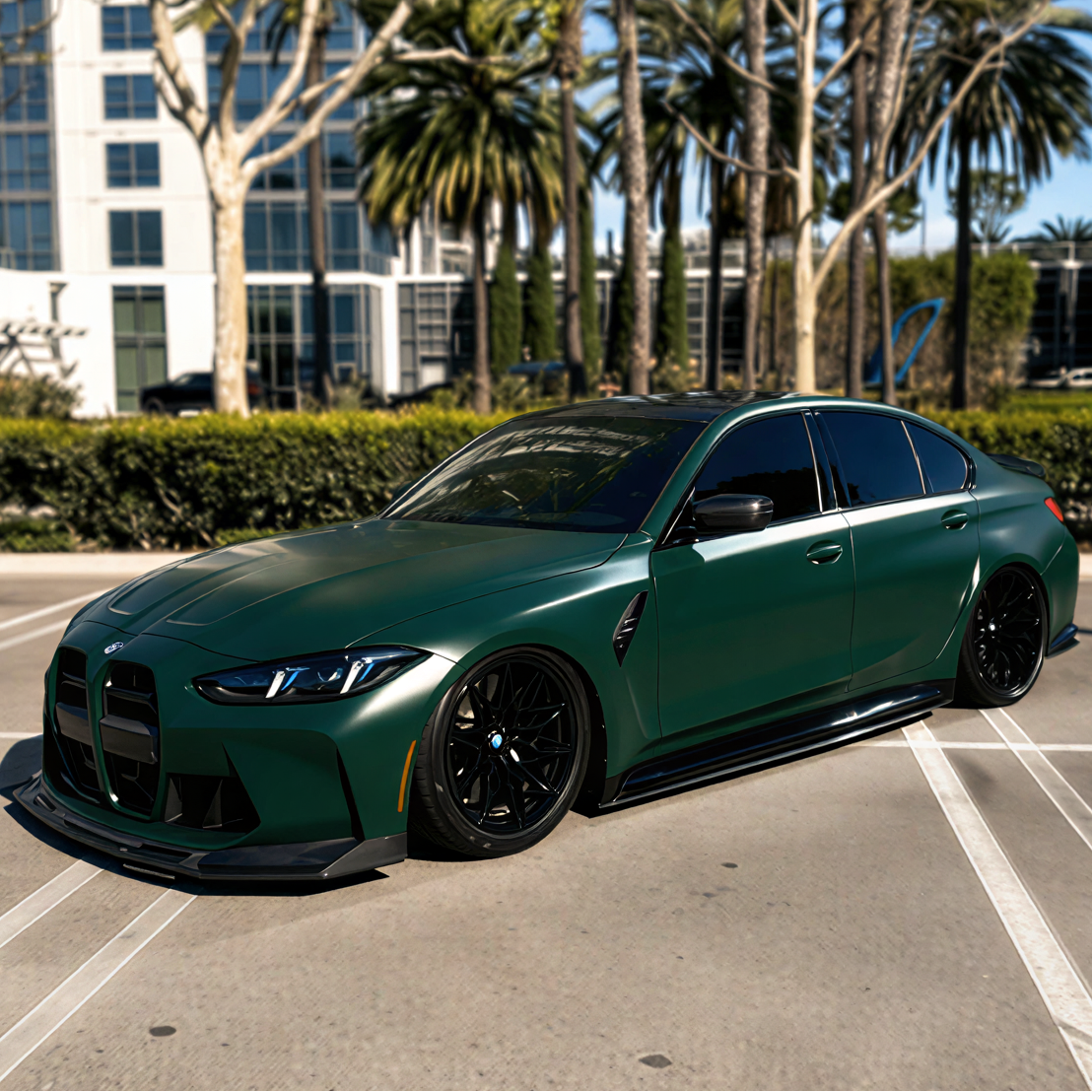 Green BMW car parked in a parking lot with palm trees and buildings in the background