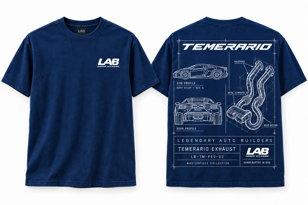 LAB Temerario Blueprint blue T-shirt front and back mockup with car profiles and exhaust diagram