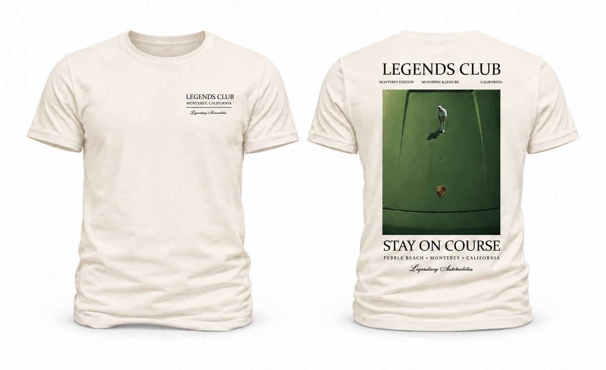 Legends Club Stay on Course cream Monterey Car Week T-shirt front and back design mockup
