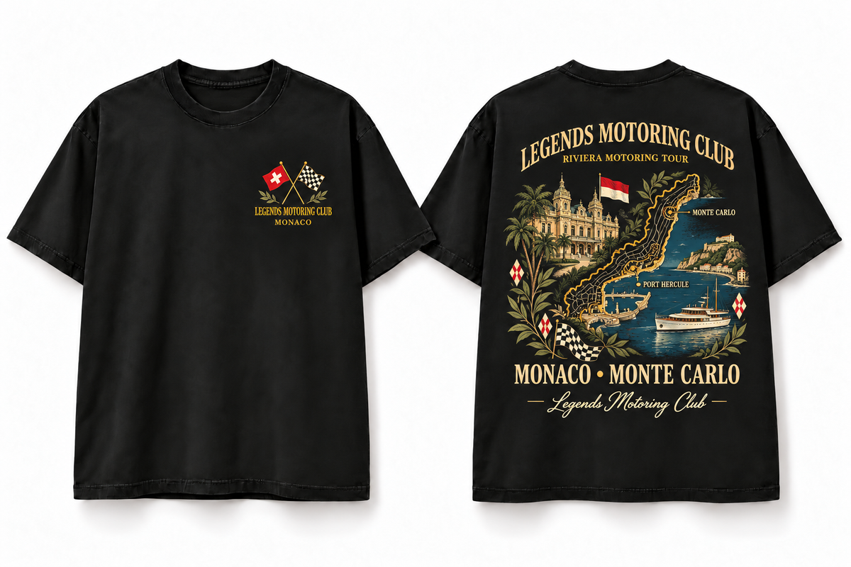 Legends Motoring Club monaco graphic T-shirt front and back — digital mockup