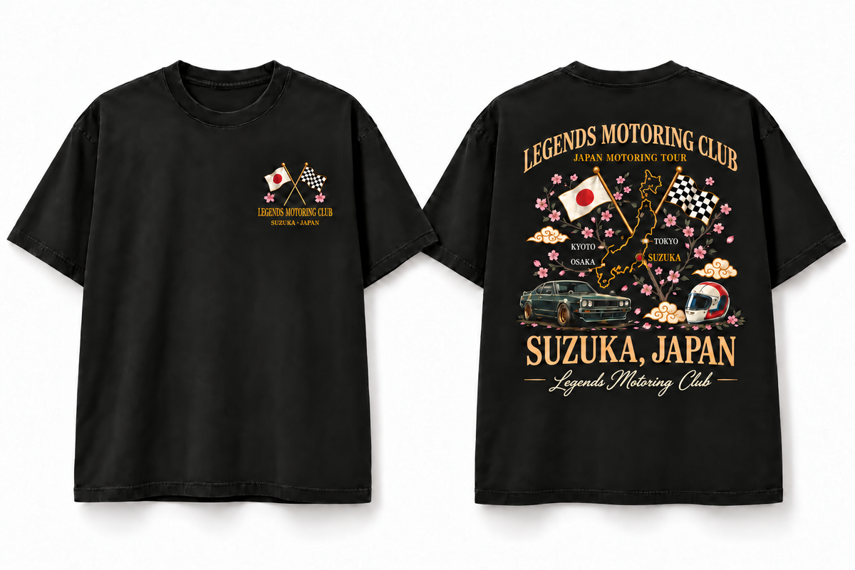 Legends Motoring Club japan graphic T-shirt front and back — digital mockup