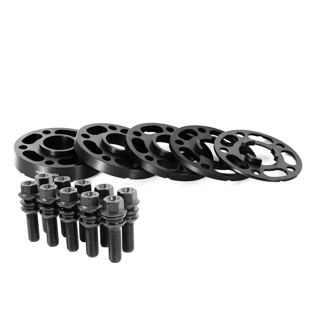 Rennline reference photo showing a range of wheel spacer sizes and extended wheel bolts; listing sold as a pair