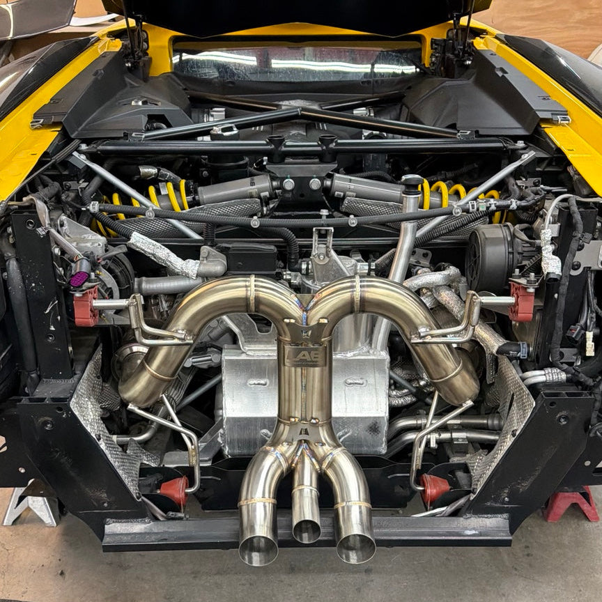 Stainless steel cat-back exhaust installed on a Lamborghini Aventador
