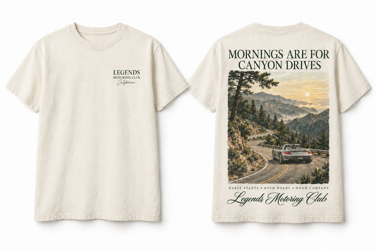 Legends Motoring Club canyon graphic T-shirt front and back — digital mockup